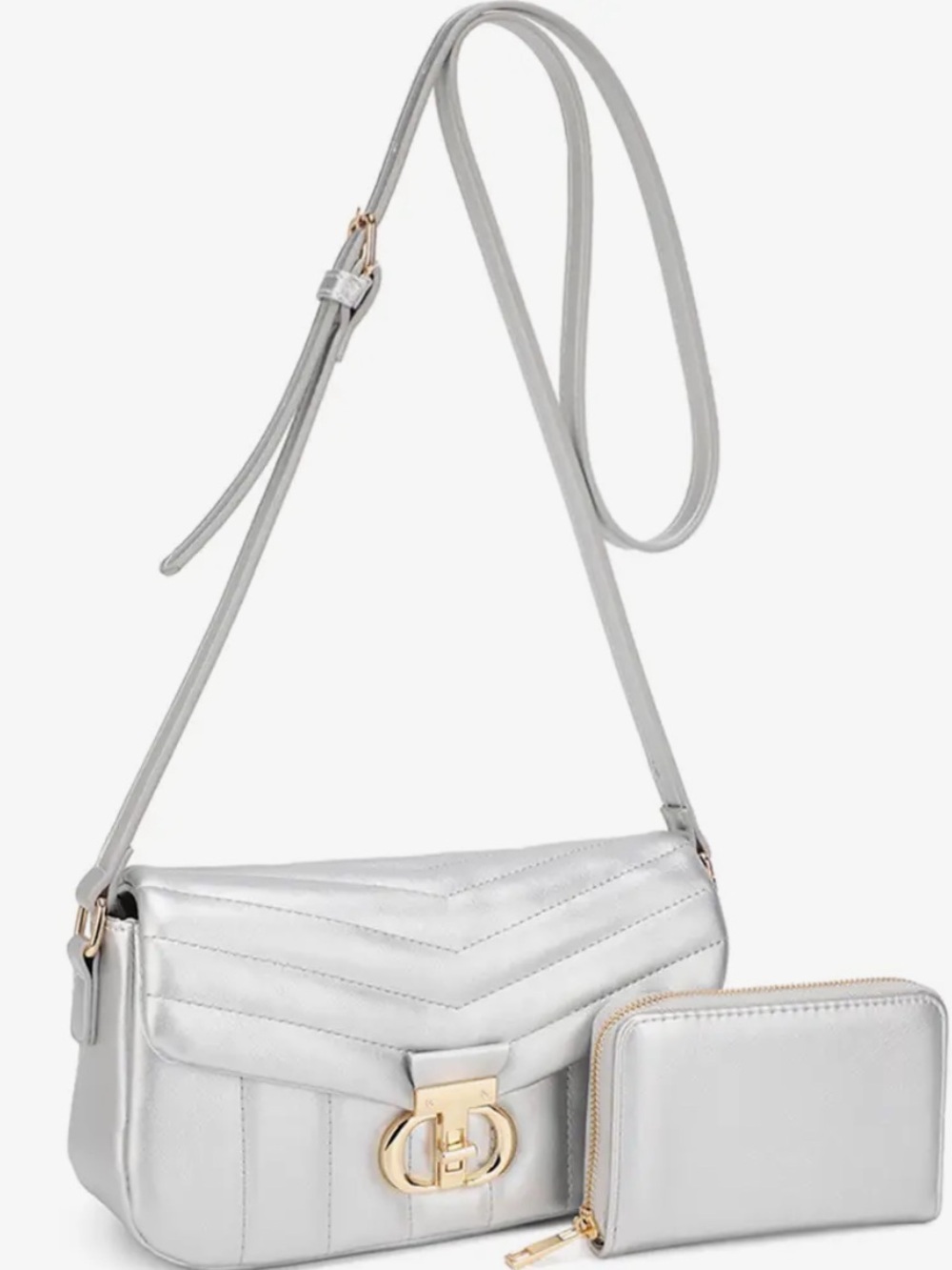 Silver Color Quilted Crossbody Bag with Wallet